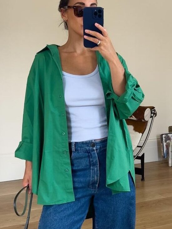 H&M Tops - Oversized Green Linen Blend Button Up